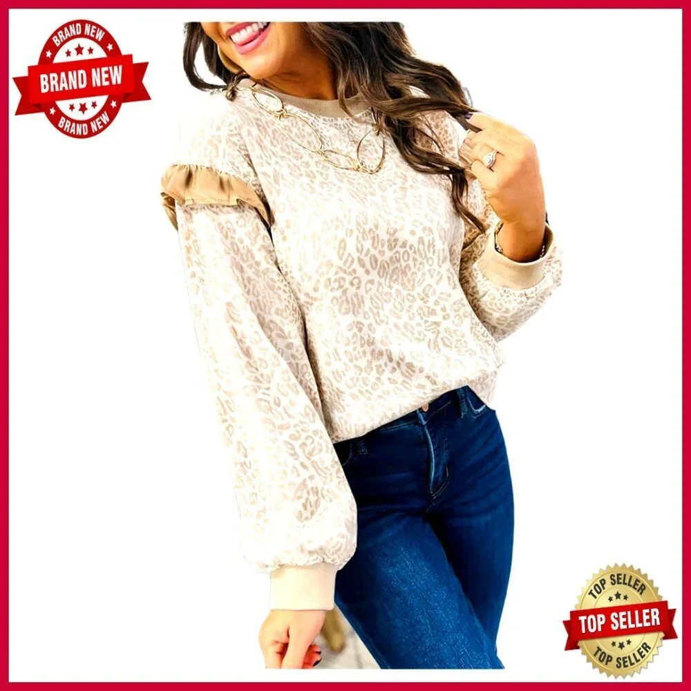 Y2K Leopard Print Ruffle Trim Pullover Sweatshirt Long Sleeve Boho Crewneck
